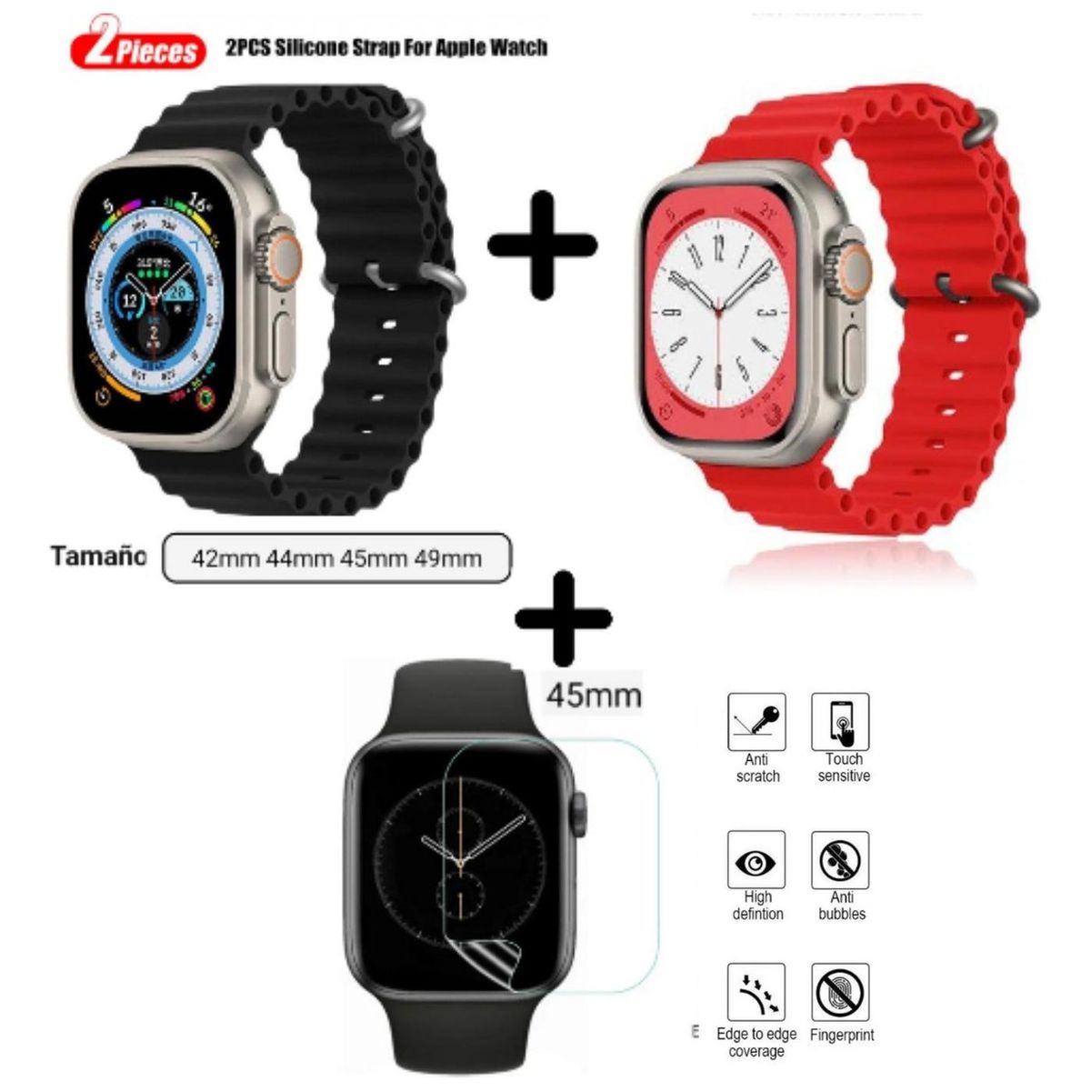 UNIVERSAL - 2 Correa Ocean Apple Watch Smartwatch Negro Y Blanco + Protector 45mm - Amarillo - Rojo