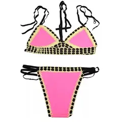 GLORIAHOON - Bikini Sexy Neopreno Rosado Detalles Crochet
