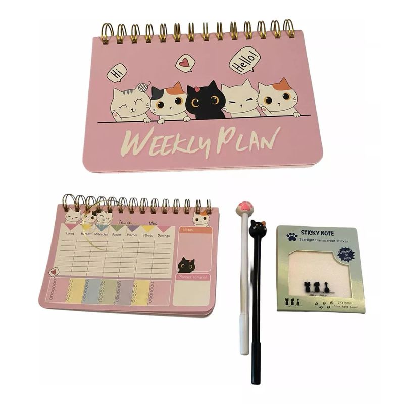 GENERICO - Set Planner, 2 Lápices, Post It Transparentes, Diseño Gatito