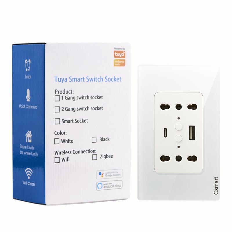 SMART LIFE - Enchufe Inteligente Wifi Doble + Usb Y Tipo C- Placa Vidrio- Blanco
