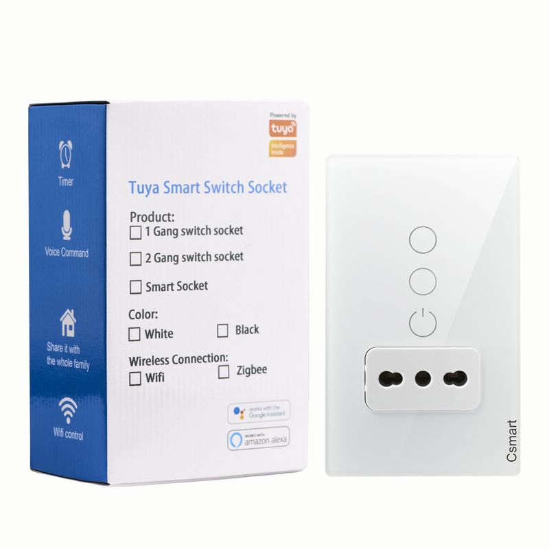 SMART LIFE - Interruptor Inteligente Wifi Placa Vidrio 2 Canal + Enchufe- Blanco