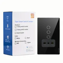 SMART LIFE - Interruptor Inteligente Wifi Placa Vidrio 2 Canal + Enchufe- Negro