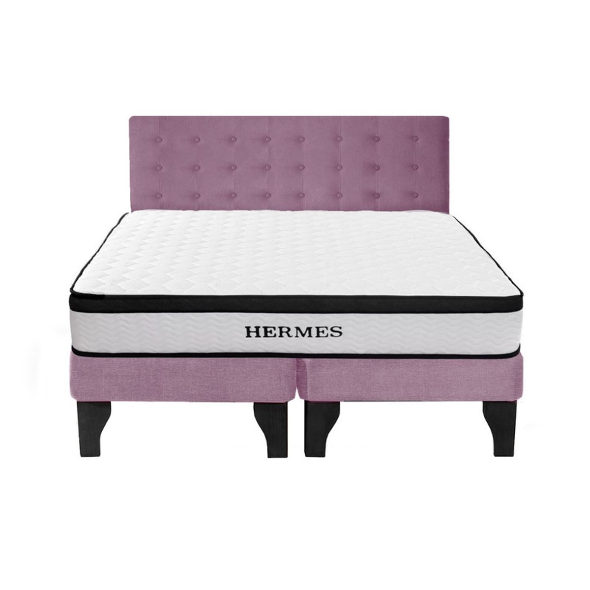 5 SUEÑO - Cama Europea 2 Plazas Hermes + Respaldo Capitoné Negro Rosado