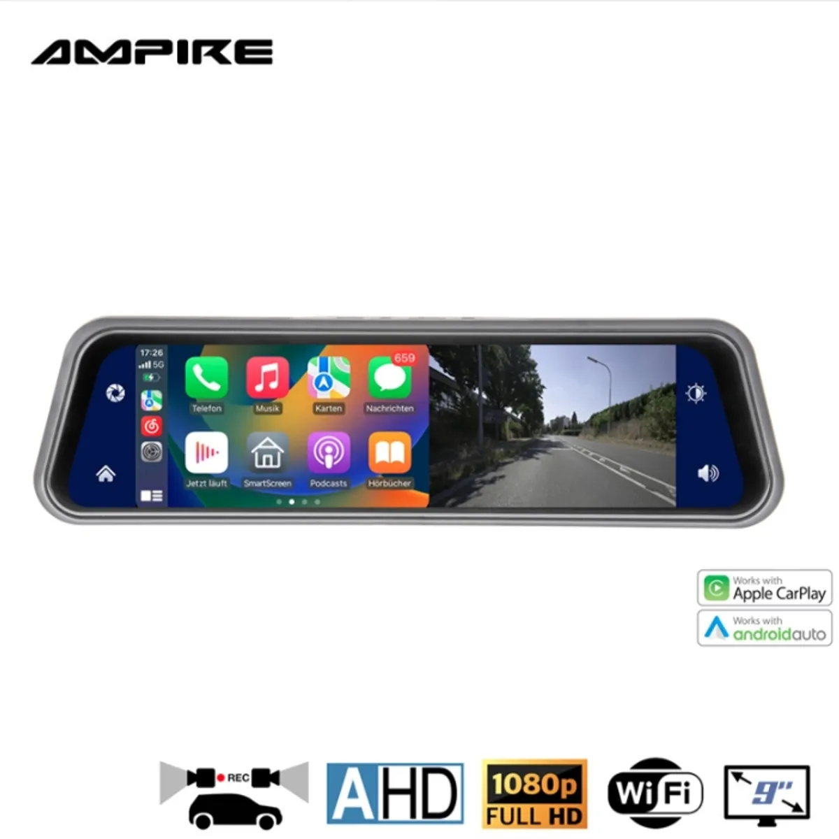AMPIRE - ESPEJO CARPLAY INALAMBRICO DASHCAM AMPIRE