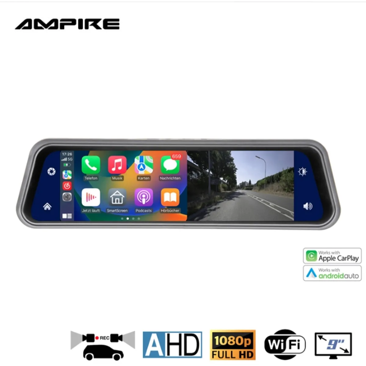 AMPIRE - ESPEJO CARPLAY INALAMBRICO DASHCAM AMPIRE