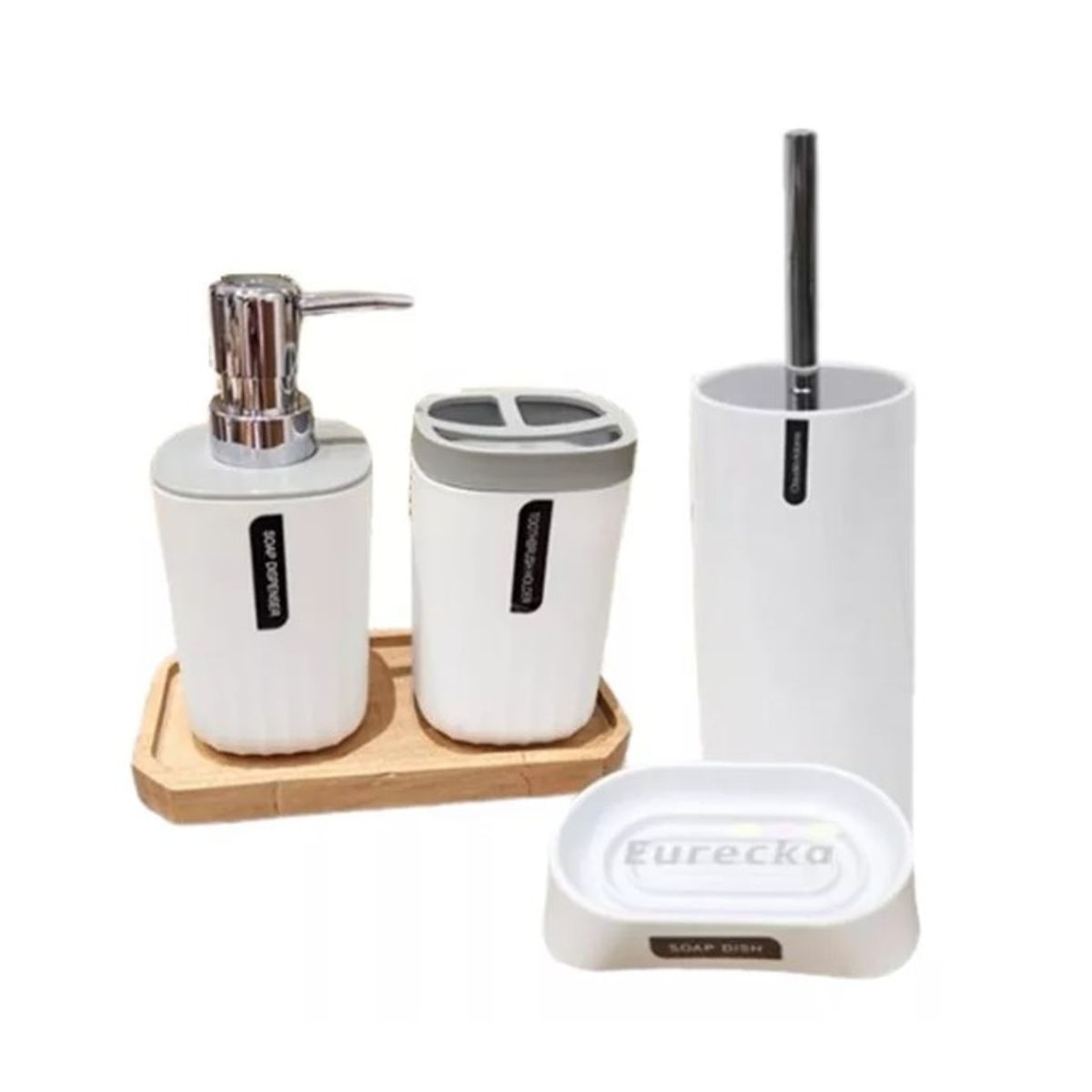 GENERICO - Set Baño 4 Piezas Taza Jabonera Dispensador Escobilla Blanco