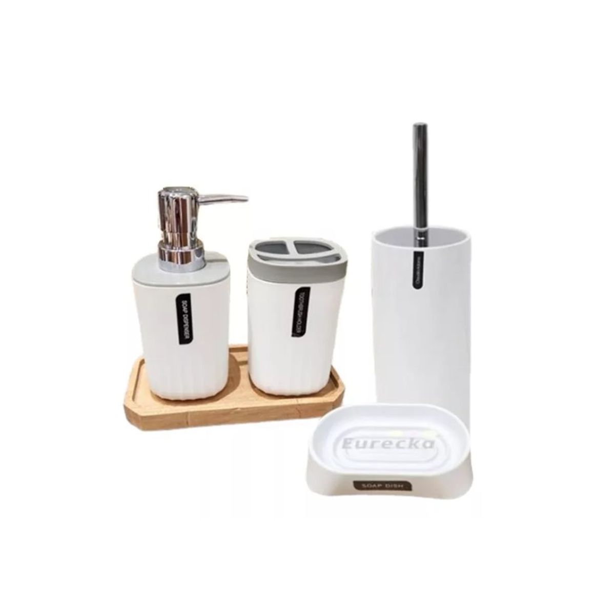 GENERICO - Set Baño 4 Piezas Taza Jabonera Dispensador Escobilla Blanco