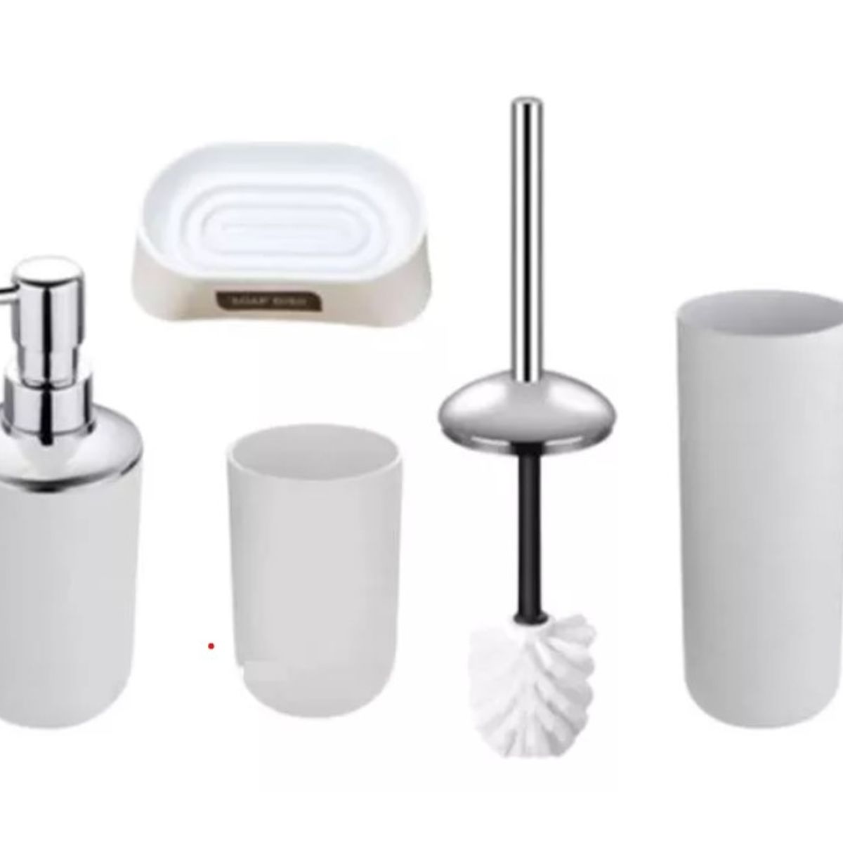 GENERICO - Set Baño 4 Piezas Taza Jabonera Dispensador Escobilla Blanco