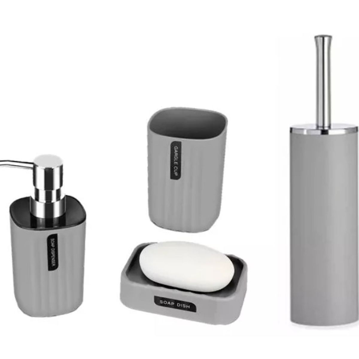 GENERICO - Set Baño 4 Piezas Taza Jabonera Dispensador Escobilla Gris