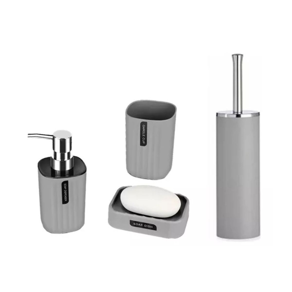 GENERICO - Set Baño 4 Piezas Taza Jabonera Dispensador Escobilla Gris