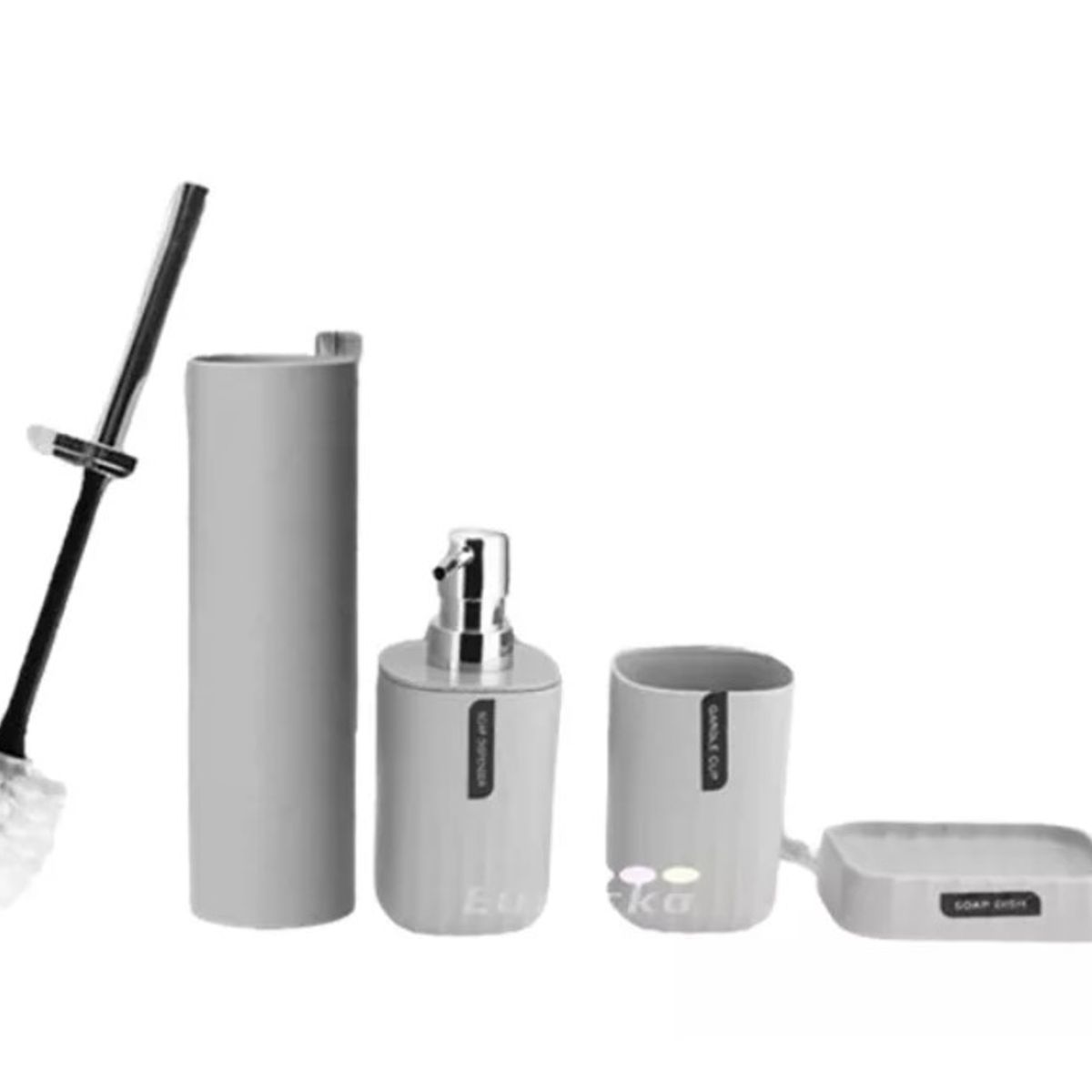 GENERICO - Set Baño 4 Piezas Taza Jabonera Dispensador Escobilla Gris