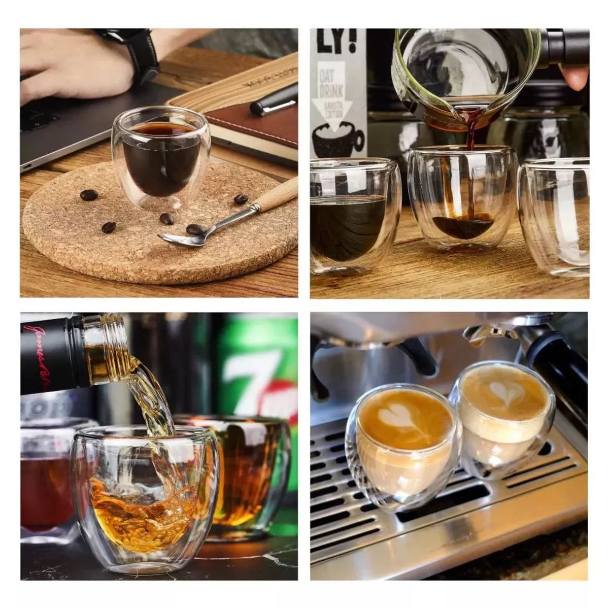 KUANGYE - Taza Cafe Expresso 4 Vasos Vidrio Doble Pared Térmica 80 Ml