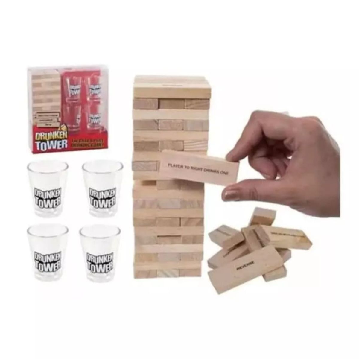 GENERICO - Jenga Juego De Mesa Bloques De Madera + 4 Vasos De Shot