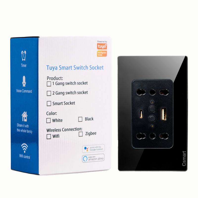 SMART LIFE - Enchufe Inteligente Wifi Doble + Usb Y Tipo C- Placa Vidrio- Negro