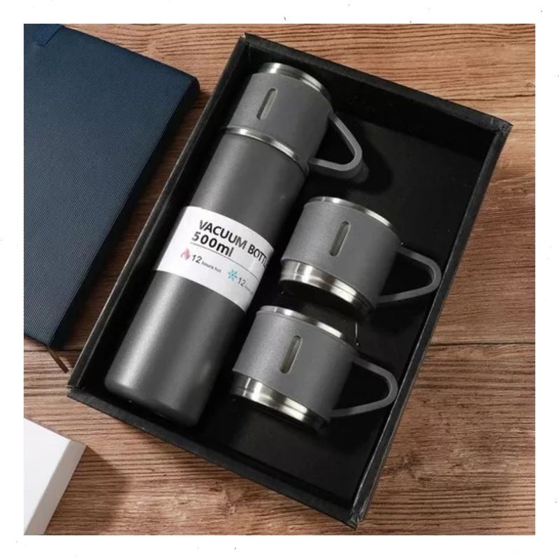 GENERICO - Set Termo Para Agua Caliente/fría +3 Tazas 500 Ml Cafe Mate Color Gris