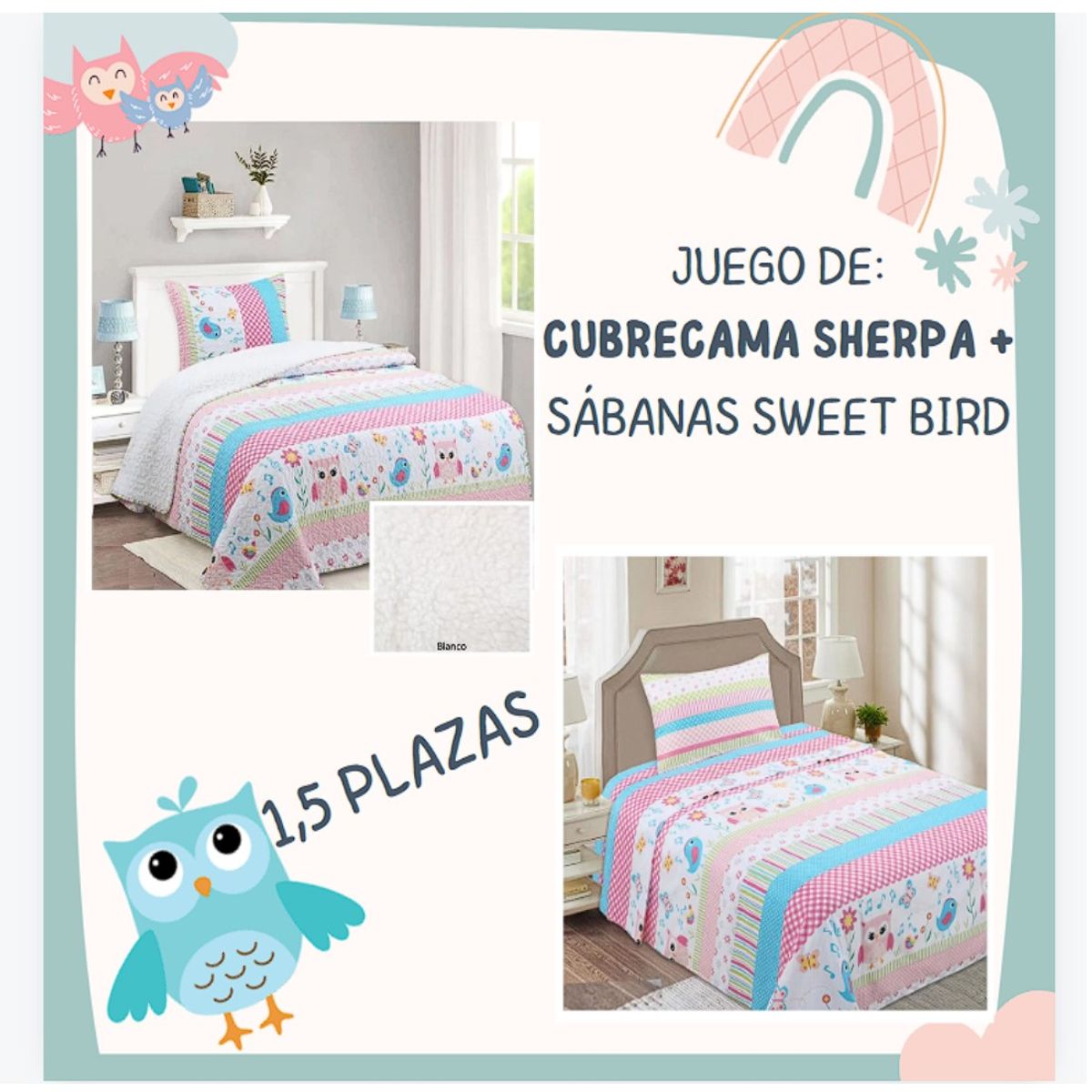COMPRAPO - Juego Dormitorio Quilt Infantil Sherpa + Sábanas 1.5 Pzas. Sweet Bird