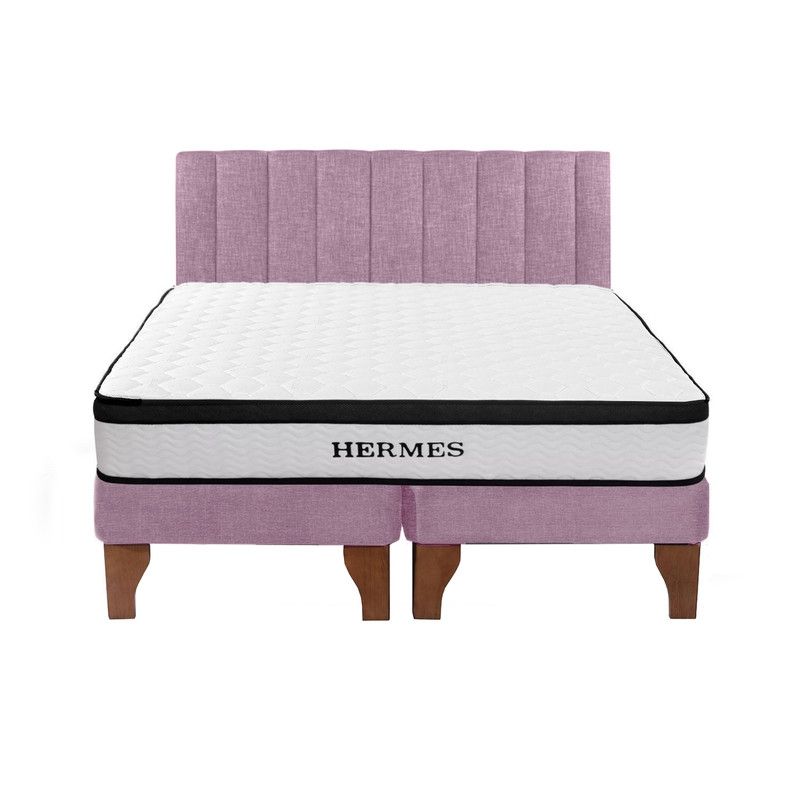 5 SUEÑO - Cama Europea 2 Plazas Hermes + Respaldo Tubular Madera Rosado