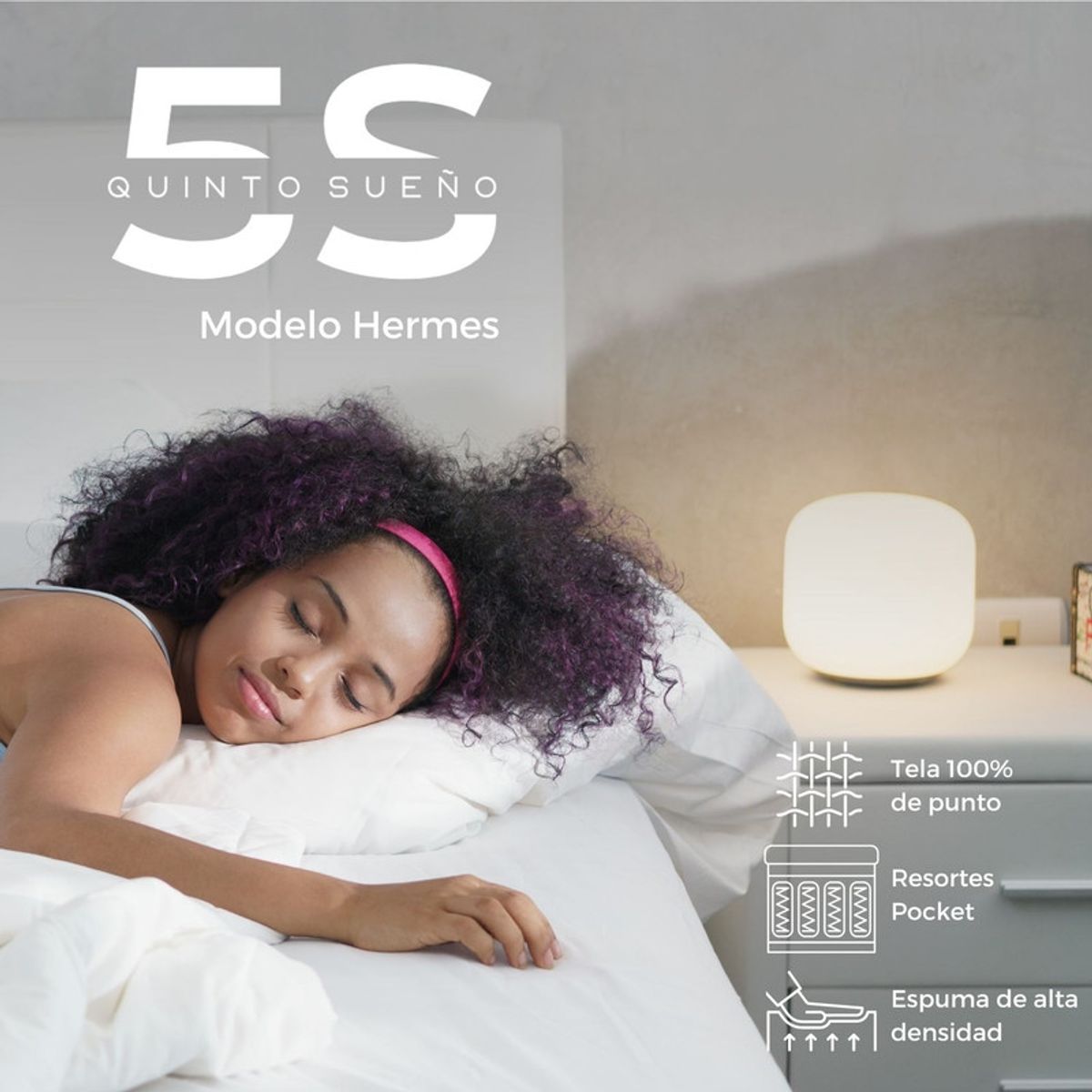 5 SUEÑO - Cama Europea 2 Plazas Hermes + Respaldo Tubular Madera Rosado