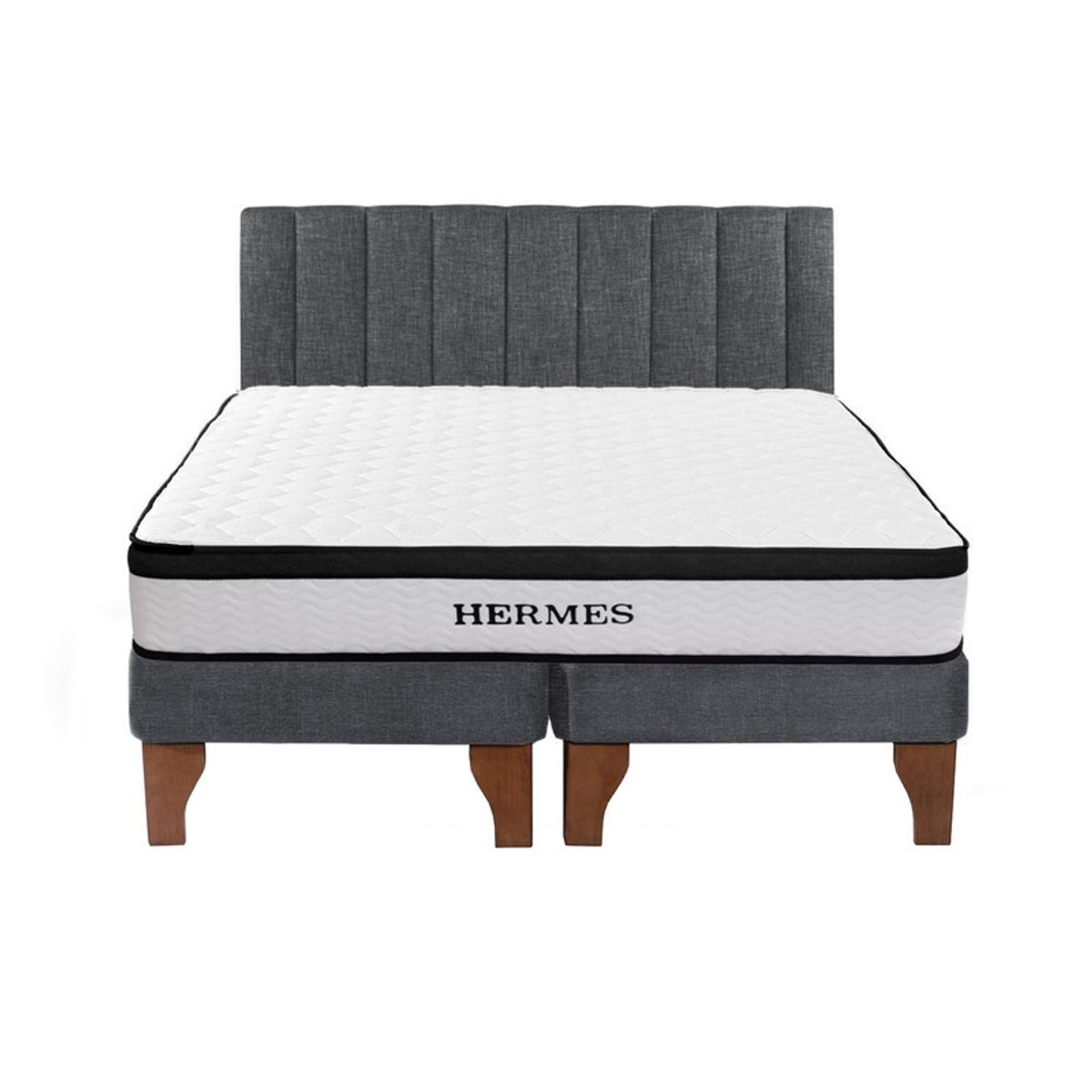 5 SUEÑO - Cama Europea 2 Plazas Hermes + Respaldo Tubular Madera Gris