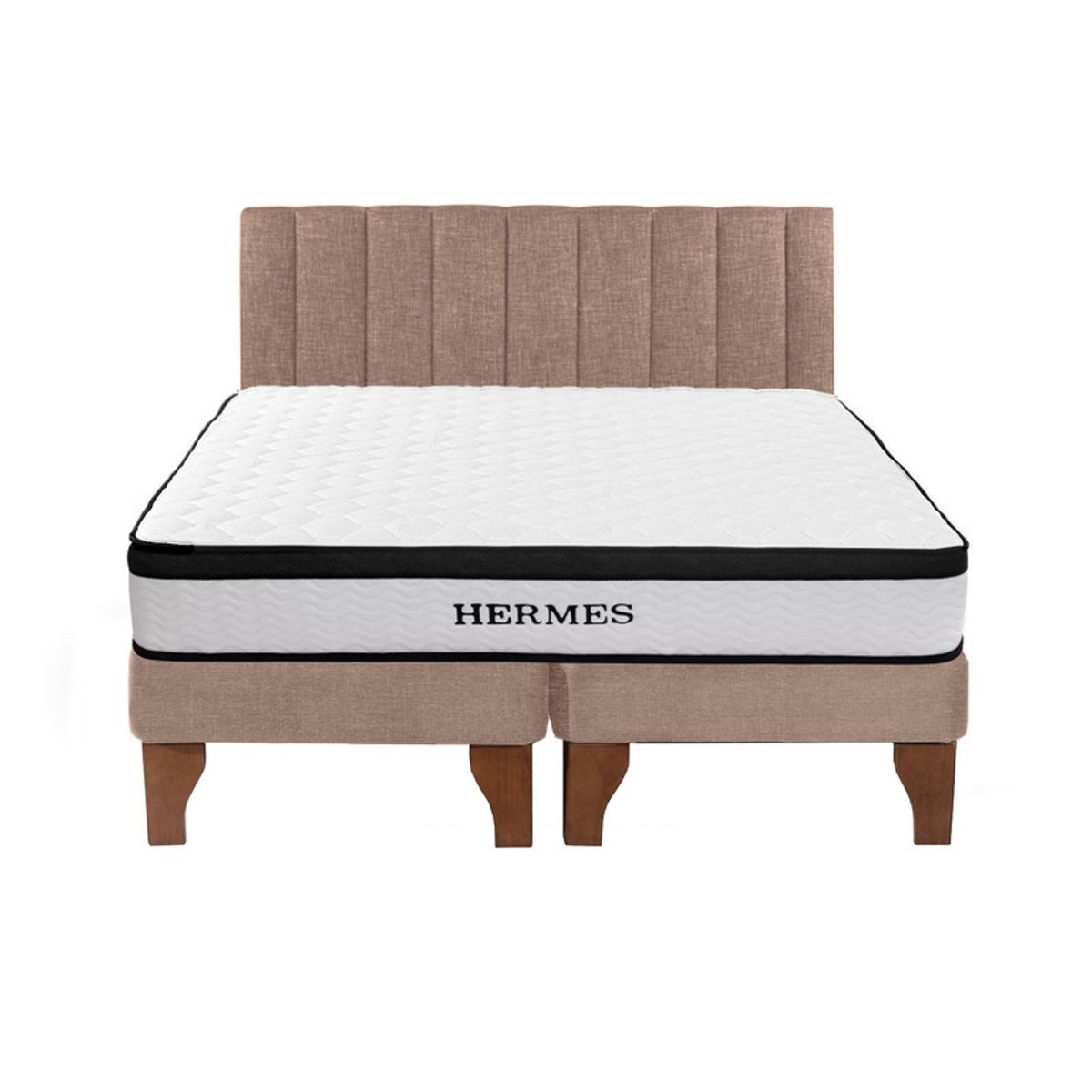 5 SUEÑO - Cama Europea 2 Plazas Hermes + Respaldo Tubular Madera Beige