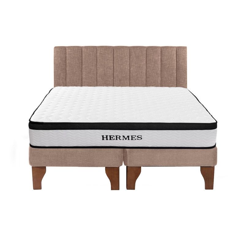 5 SUEÑO - Cama Europea 2 Plazas Hermes + Respaldo Tubular Madera Beige