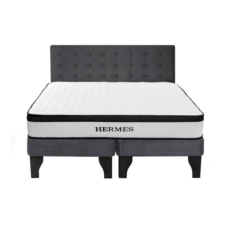 5 SUEÑO - Cama Europea 2 Plazas Hermes + Respaldo Capitoné Negro Gris