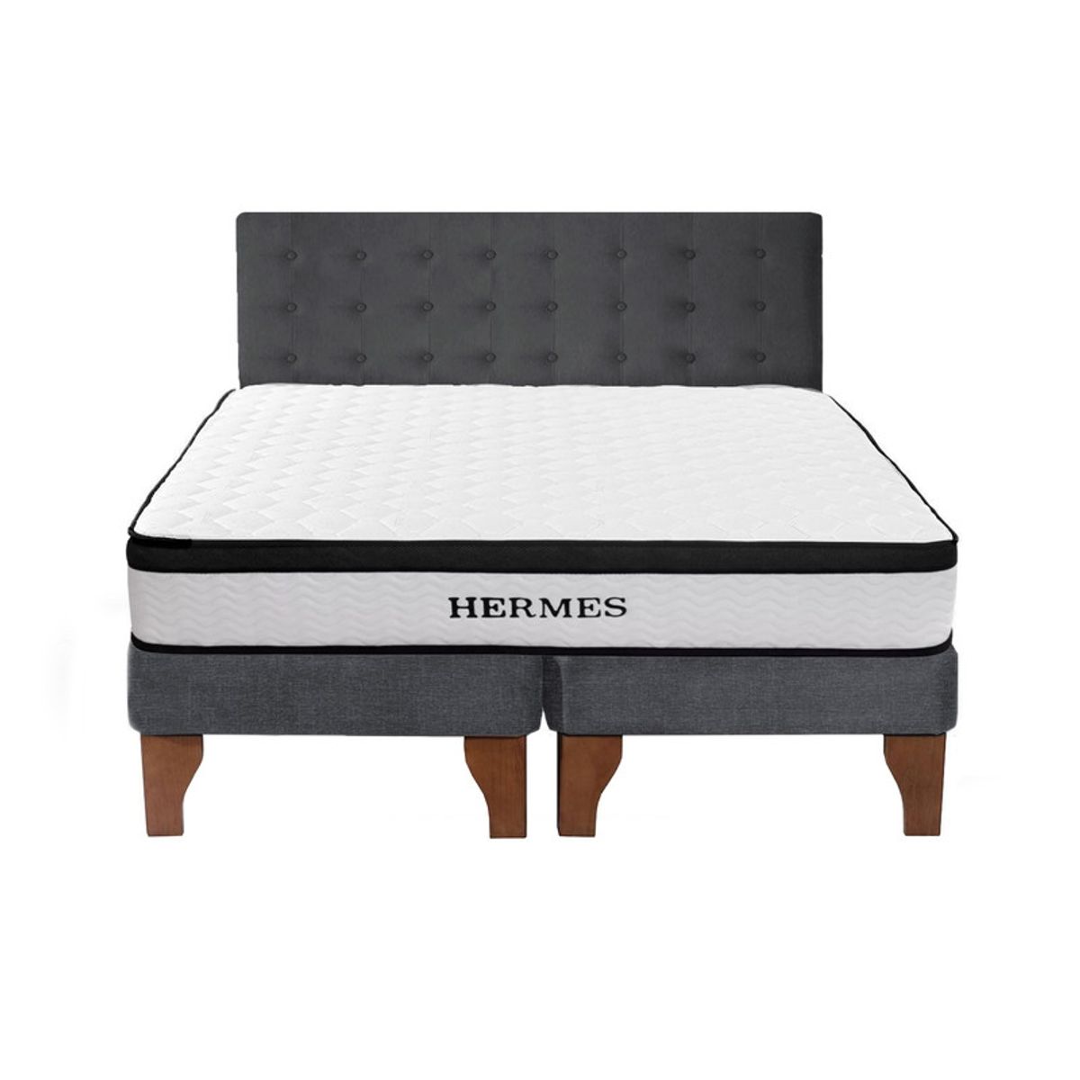 5 SUEÑO - Cama Europea 2 Plazas Hermes + Respaldo Capitoné Madera Gris