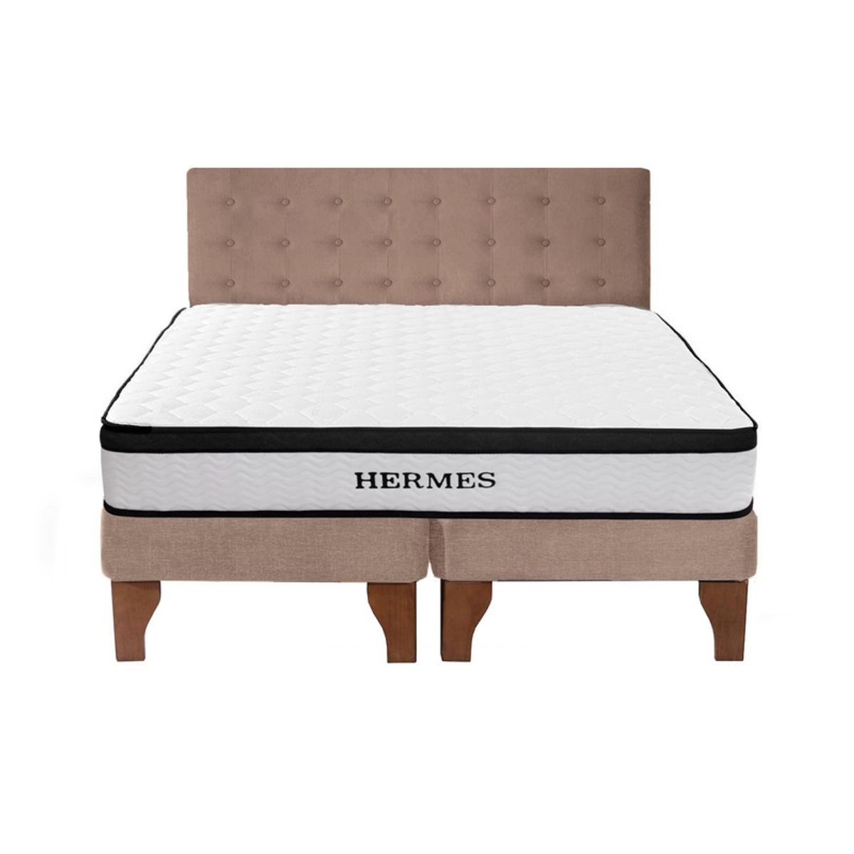 5 SUEÑO - Cama Europea 2 Plazas Hermes + Respaldo Capitoné Madera Beige