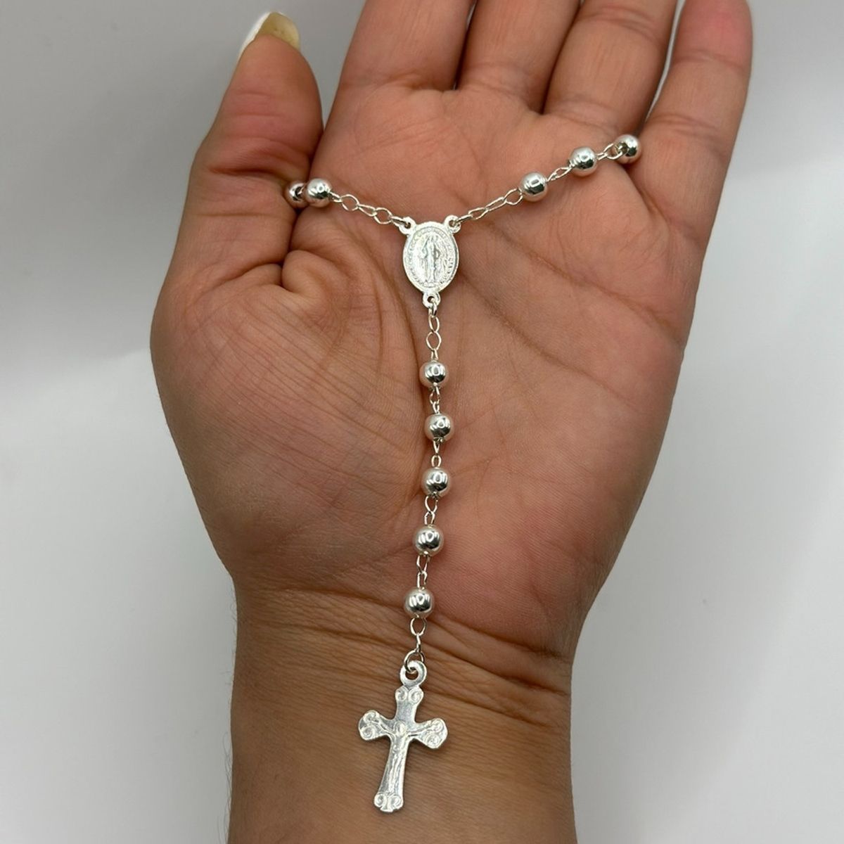 GENERICO - Collar Rosario Grande 60 Cm Plata Fina 925 Mas Caja Regalo