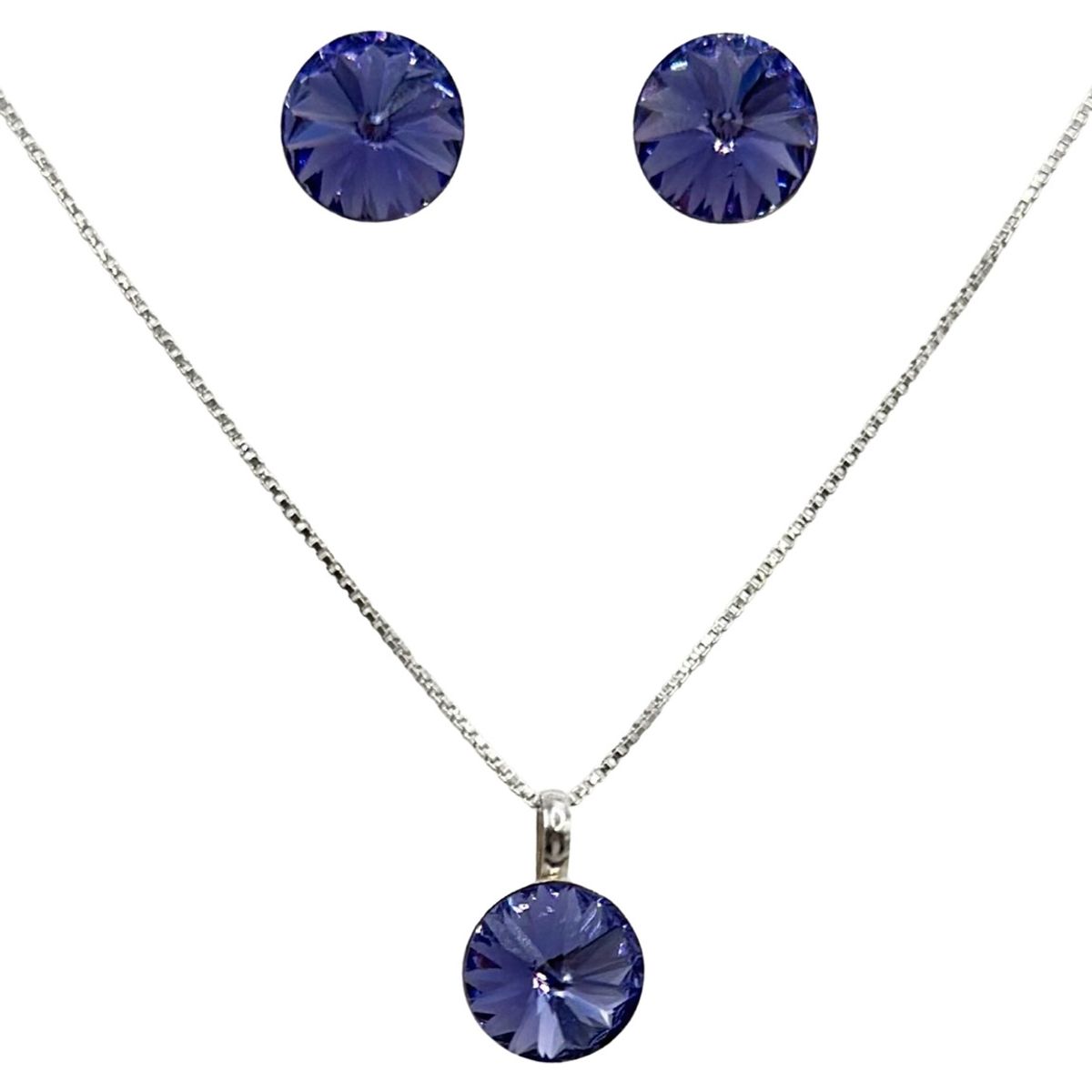 GENERICO - Conjunto Collar Aros Punto Luz Cristal Morado Plata Ley 925