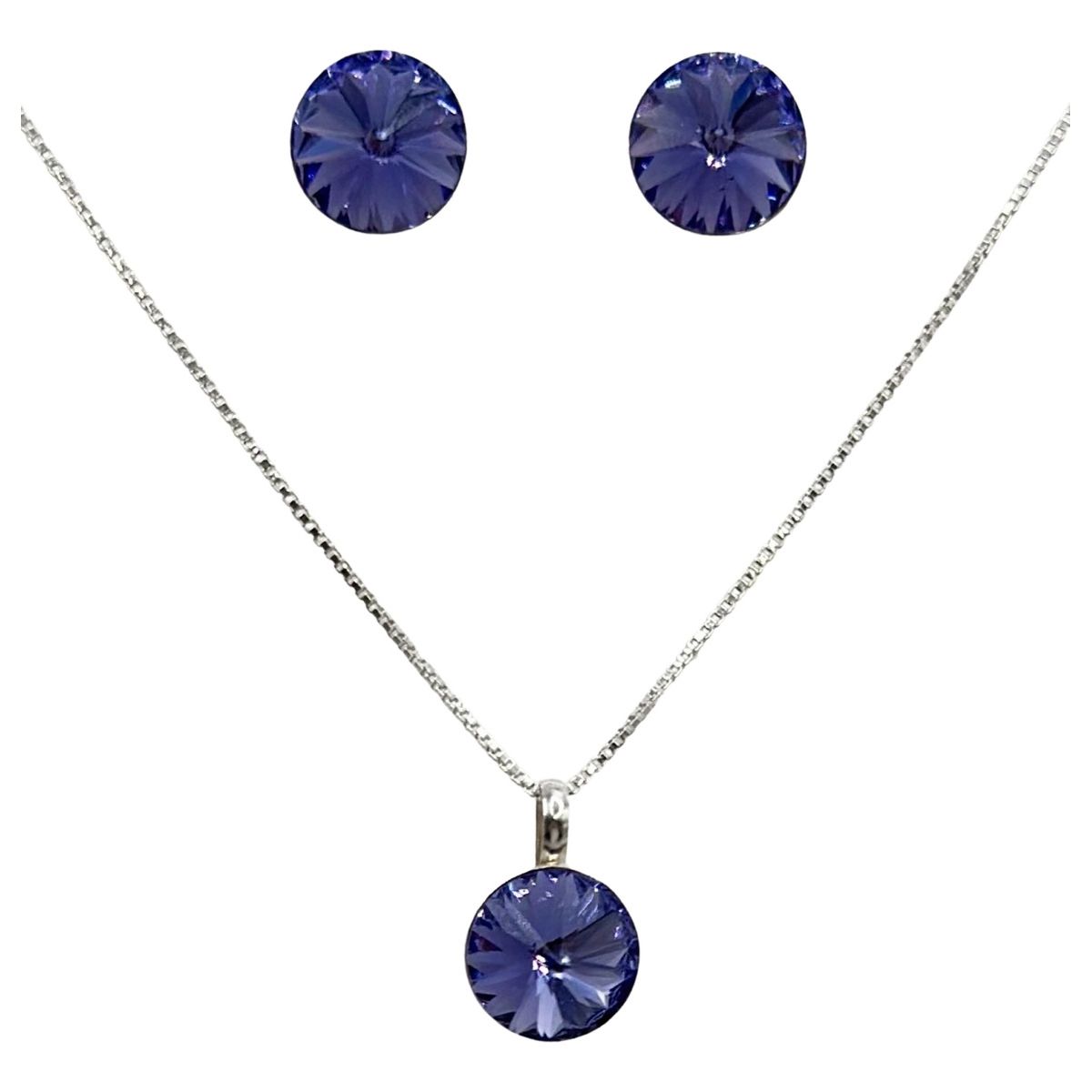 GENERICO - Conjunto Collar Aros Punto Luz Cristal Morado Plata Ley 925