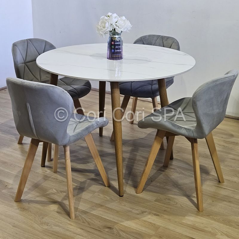 CORI CORI - Comedor Mesa Mármol (100cms) + 4 Sillas Mariposa Velvet Gris