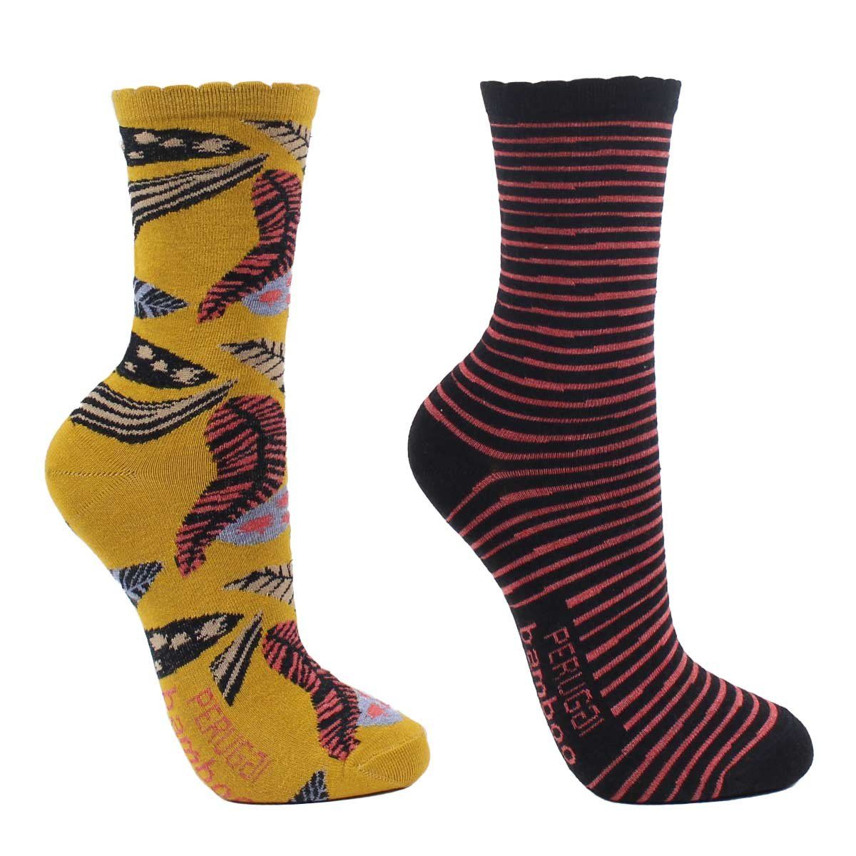 PERUGGI - 2 Pares Calcetín Bamboo Hojas Largo 3/4 Mostaza