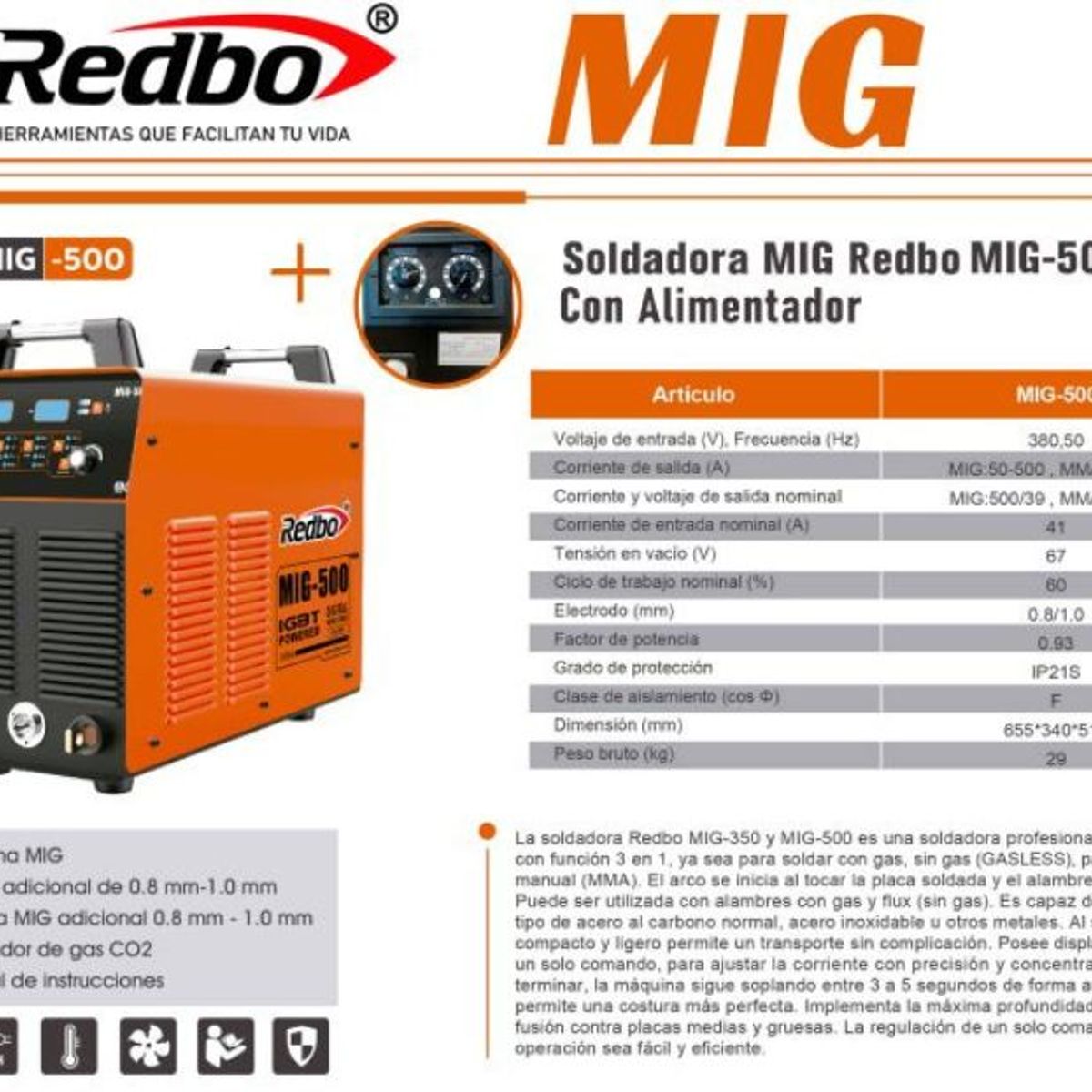 REDBO - Soldadora Inverter REDBO MIG-500 Industrial - Trifásica 500A - Profesional MIGMAGMMA