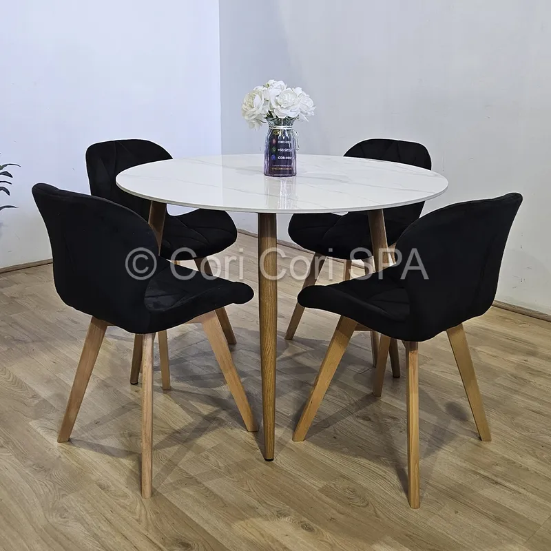 CORI CORI - Comedor Mesa Mármol (100cms) + 4 Sillas Mariposa Velvet Negro