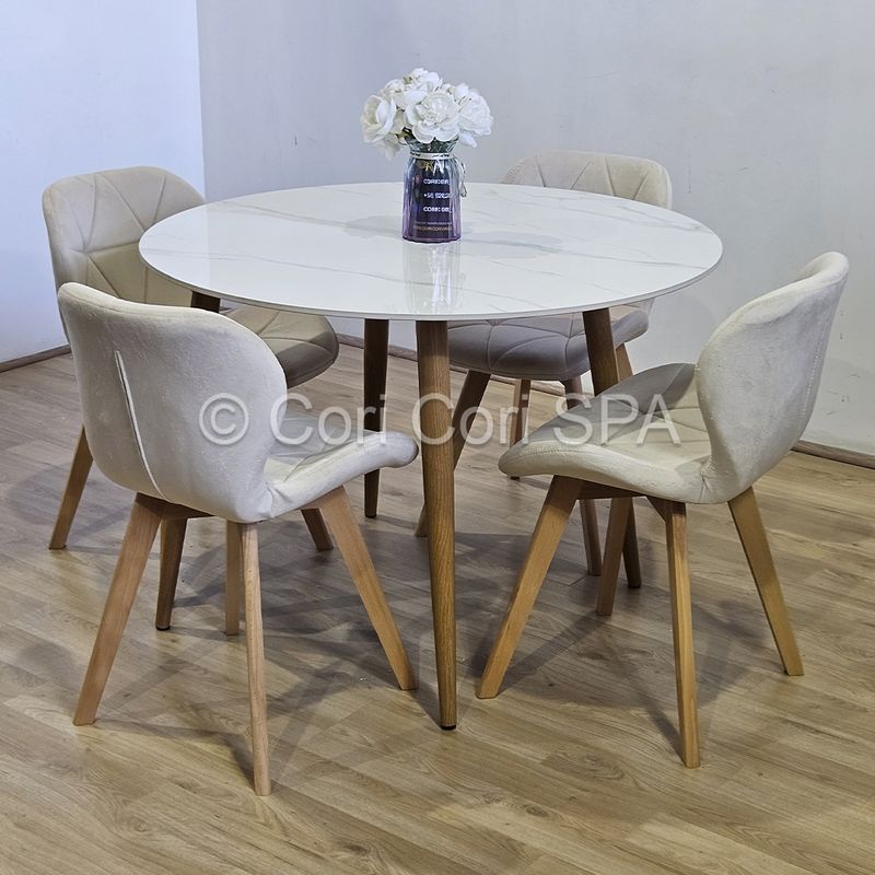 CORI CORI - Comedor Mesa Mármol (100cms) + 4 Sillas Mariposa Velvet Beige