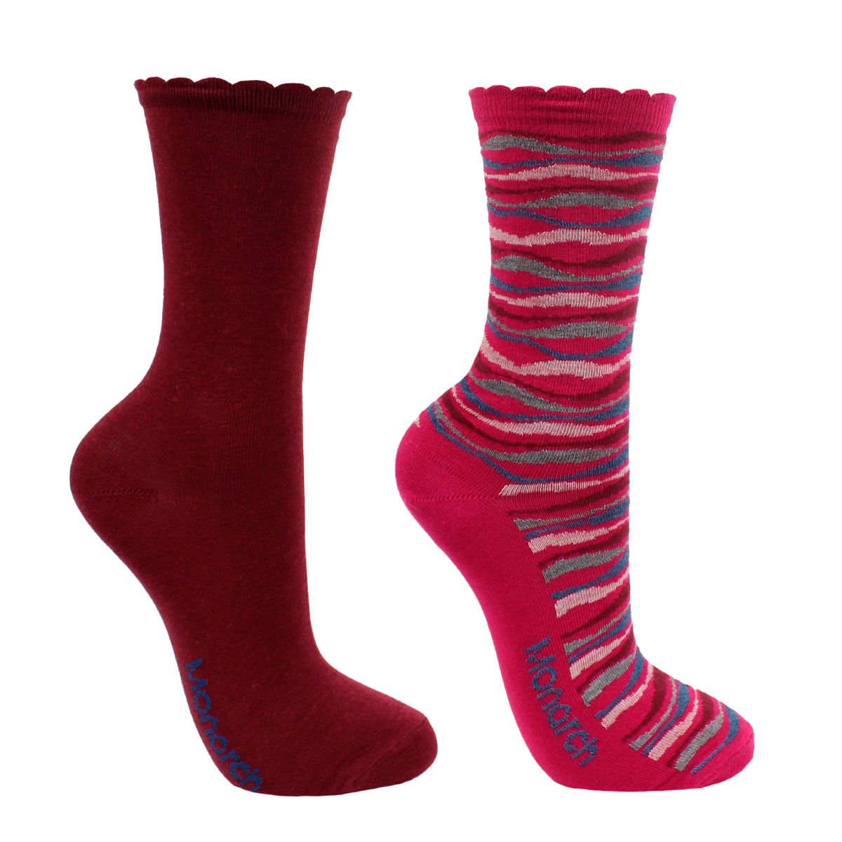 MONARCH - 2 Pares Calcetín Algodón Ondas Largo 3/4 Fucsia