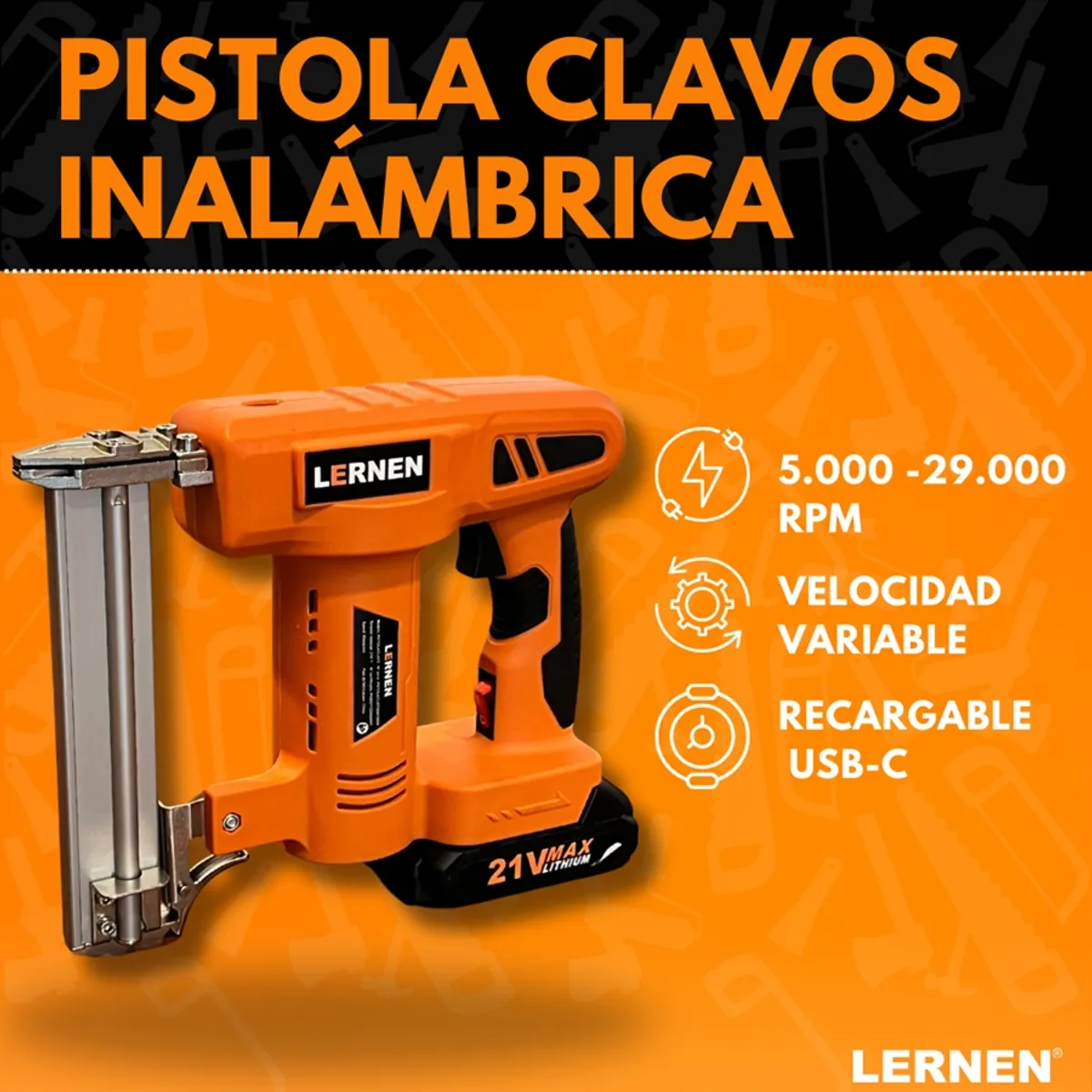 LERNEN - Pistola de Clavos y Grapas Inalambrica con 2 Baterías