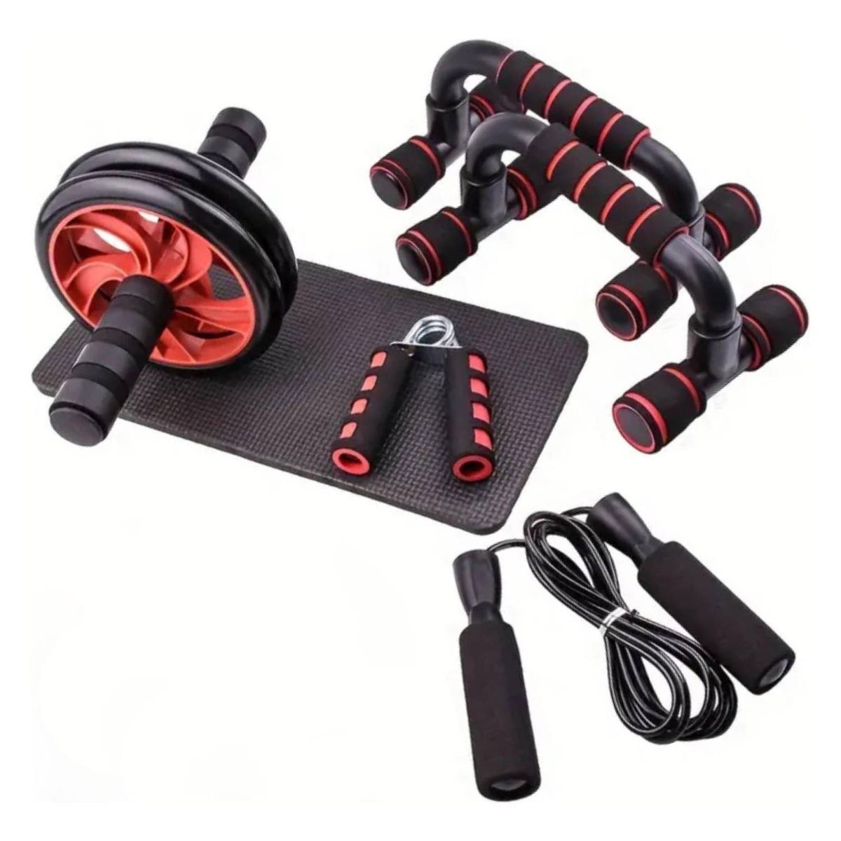 YEP S - Set Rueda Abdominal Cuerda Saltar Mangos Push Ups - Rojo