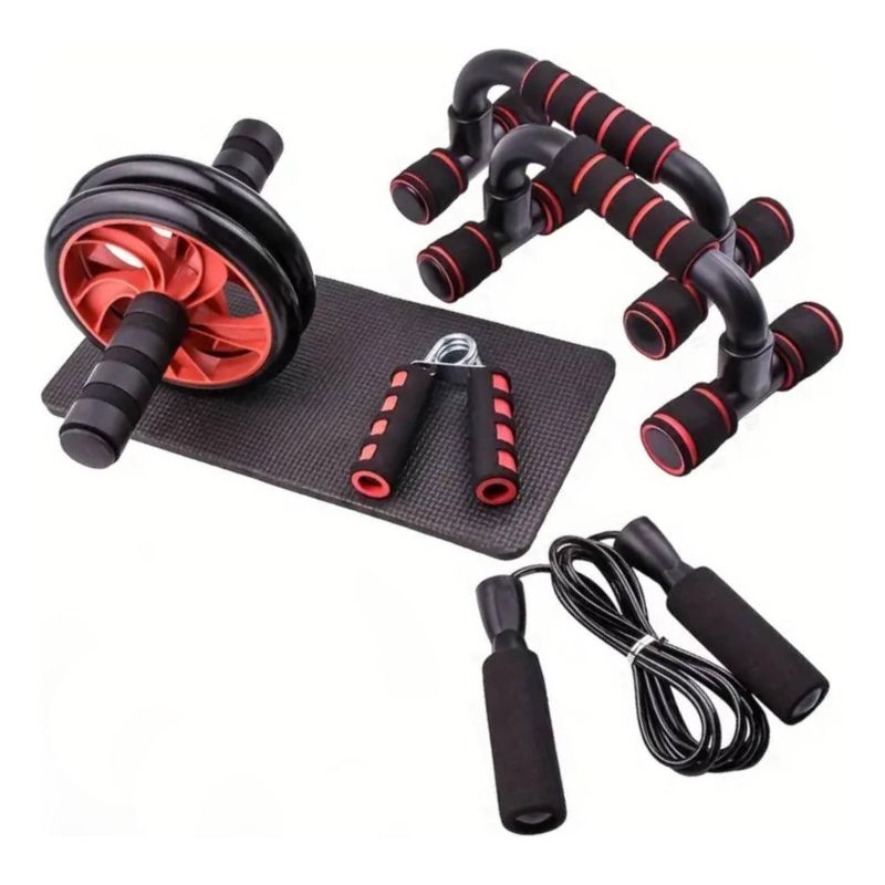YEP S - Set Rueda Abdominal Cuerda Saltar Mangos Push Ups - Rojo