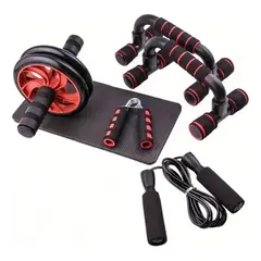 YEP S - Set Rueda Abdominal Cuerda Saltar Mangos Push Ups - Rojo