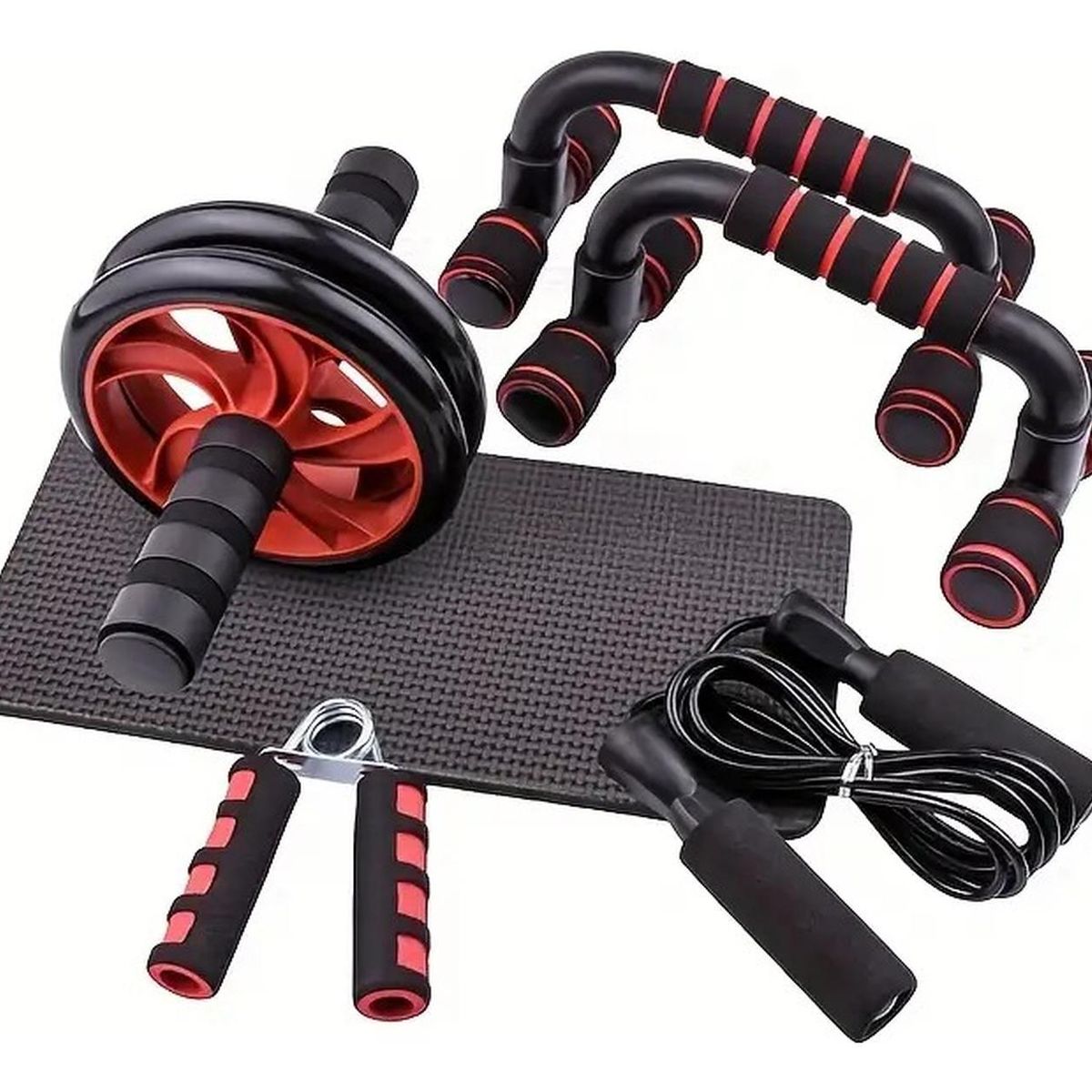 YEP S - Set Rueda Abdominal Cuerda Saltar Mangos Push Ups - Rojo