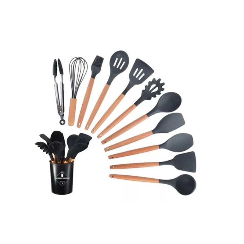 GENERICO - Set 12 Utensilios Cocina Mango Silicona Y Madera Repostería