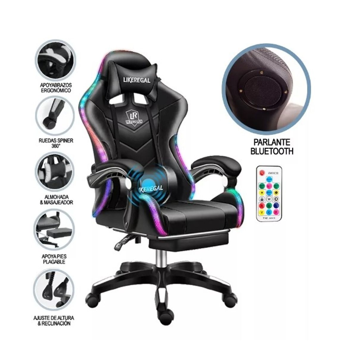 GENERICO - Silla Gamer Luz Rgb Parlante  Reposapiés Masajeador Lumbar Verde
