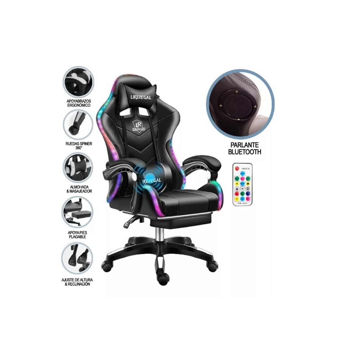 GENERICO - Silla Gamer Luz Rgb Parlante  Reposapiés Masajeador Lumbar Verde