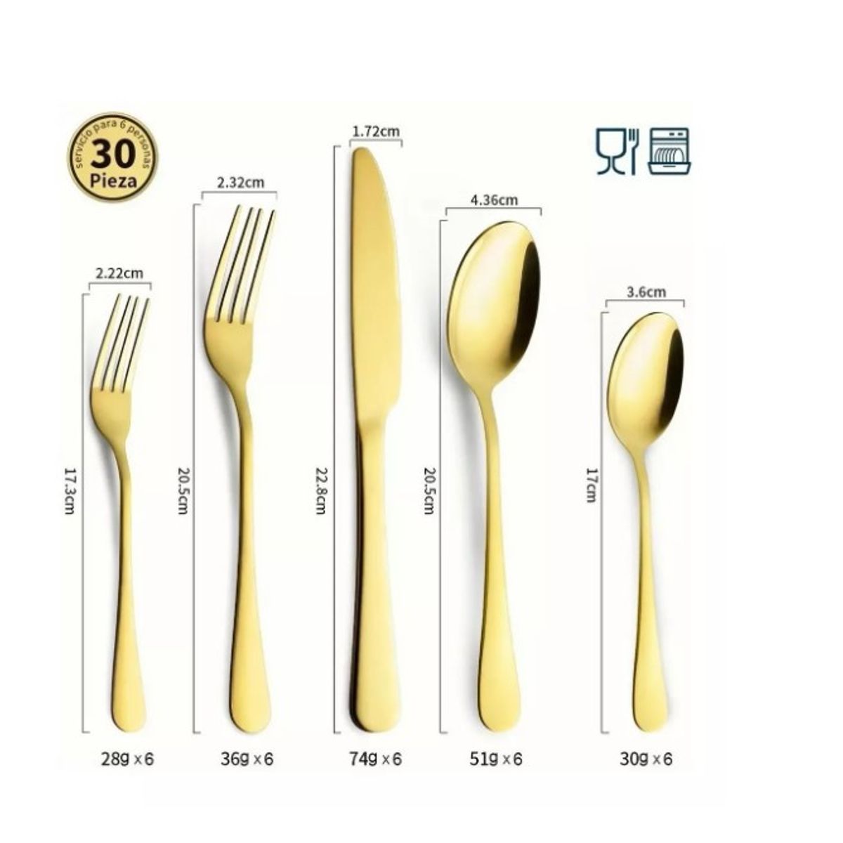 GENERICO - Juego De Cubiertos De Acero Inoxidable, 30 Piezas Dorados