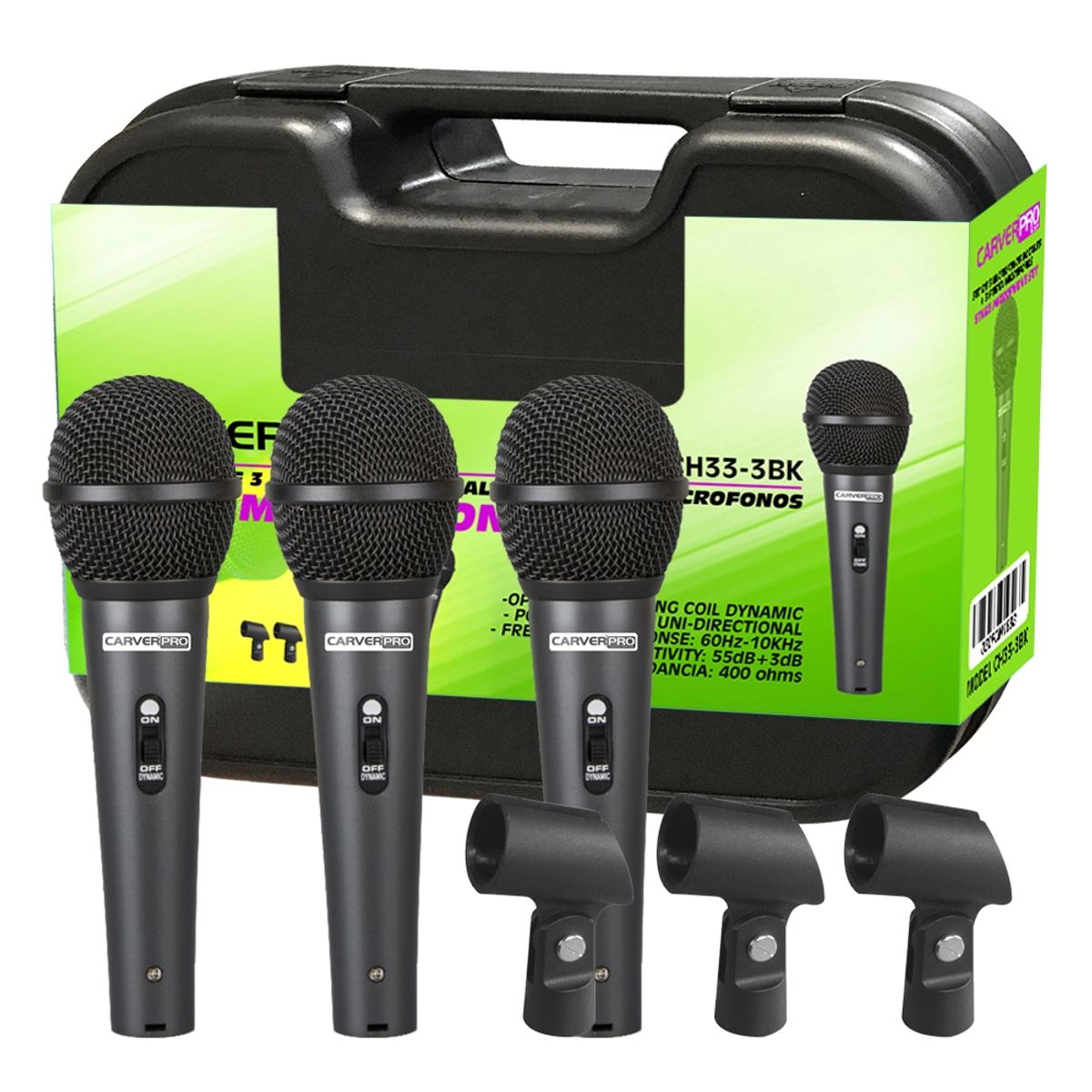 CARVERPRO - SET DE 3 MICROFONOS + PORTA MICROFONOS MOD.CH33-3BK CARVERPRO