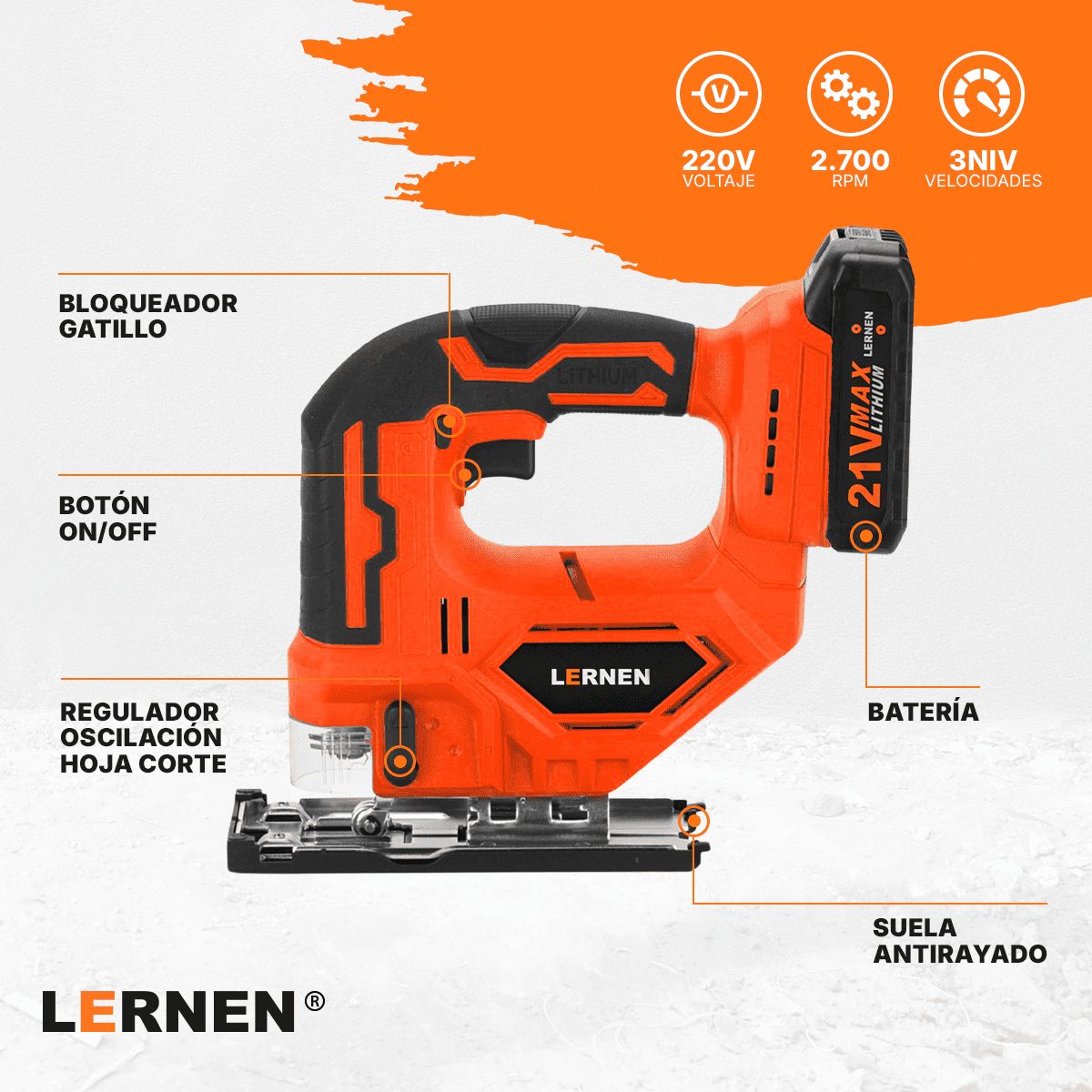 LERNEN - Sierra Caladora Inalámbrica 21v + Accesorios