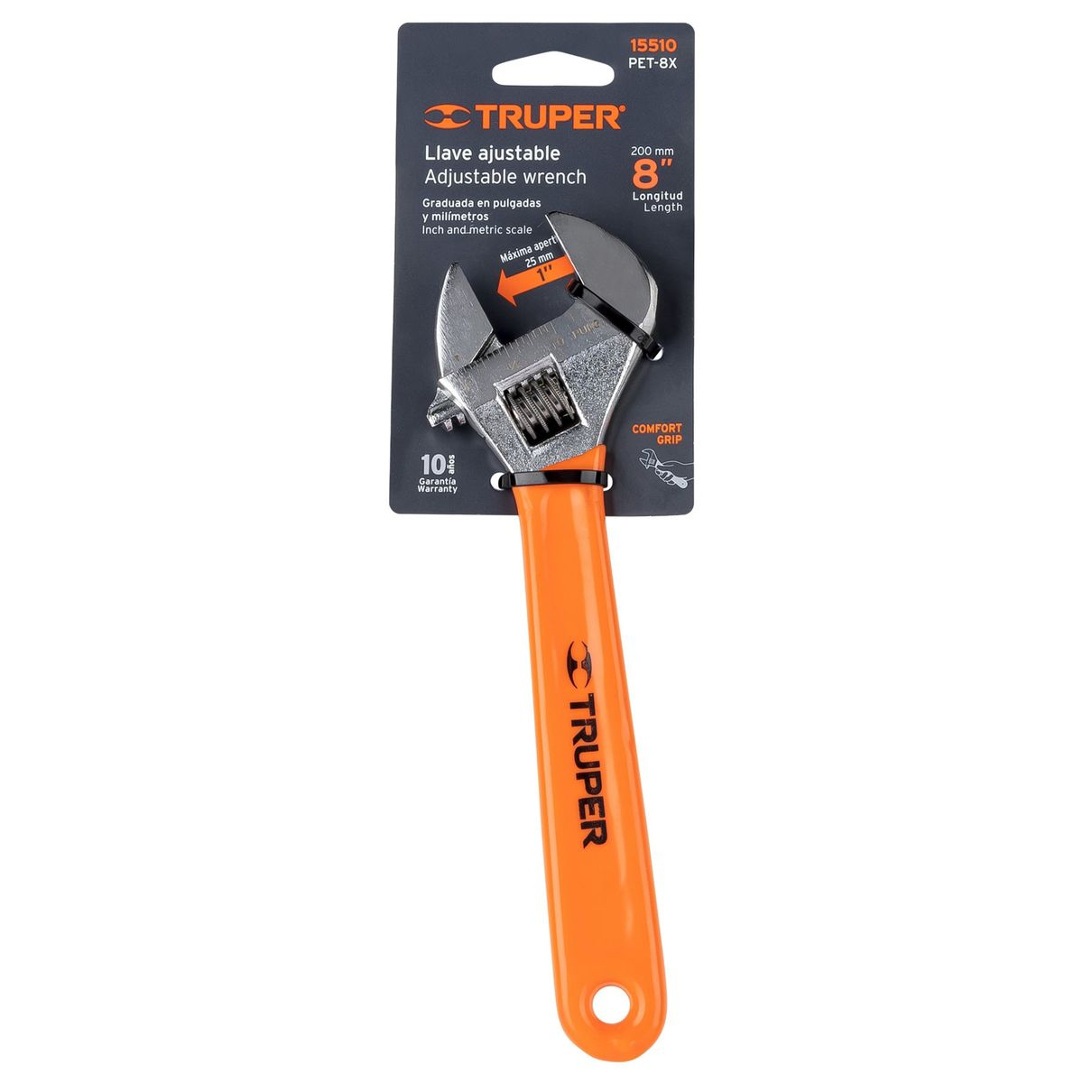 TRUPER - Llave Ajustable Francesa 8 PuLG. Cromada Mango De Pvc