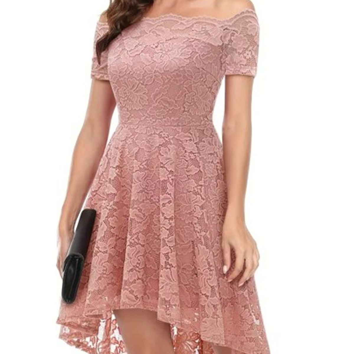 GENERICO - Vestido Modelo Hombros Libres Manga Corta de encaje Falda Mullet